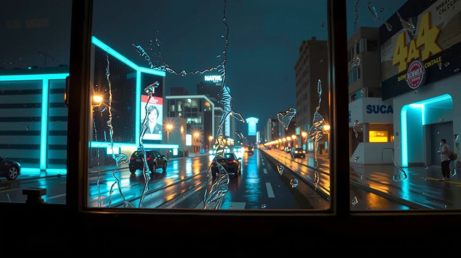 Perspectiva urbana nocturna con reflejos de neón